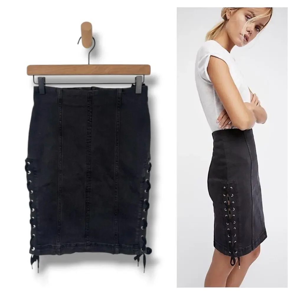 NWT Free People Black Denim Skirt Size 2 Lace Up Side Straight Pencil Edgy Goth